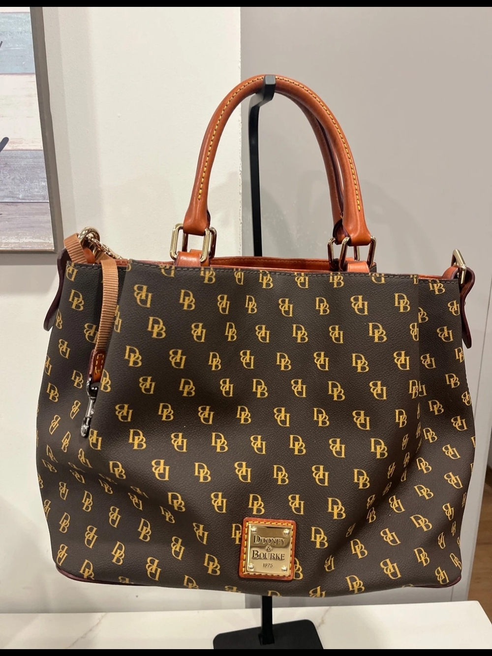 Firm Price Dooney & Bourke Brown Monogram Satchel with Tan Leather Trim